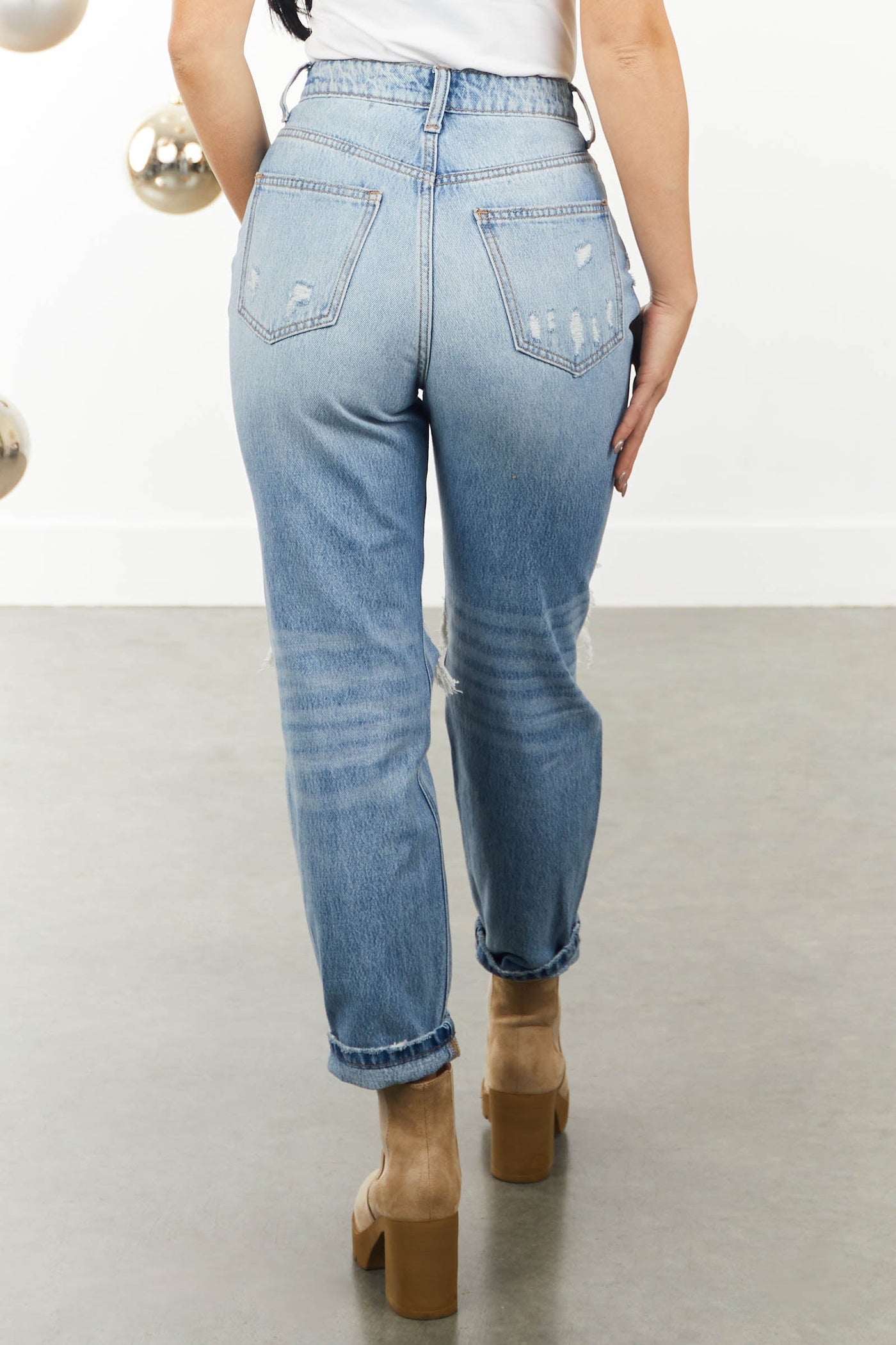 Light Denim Wash High Rise Distressed Mom Jeans