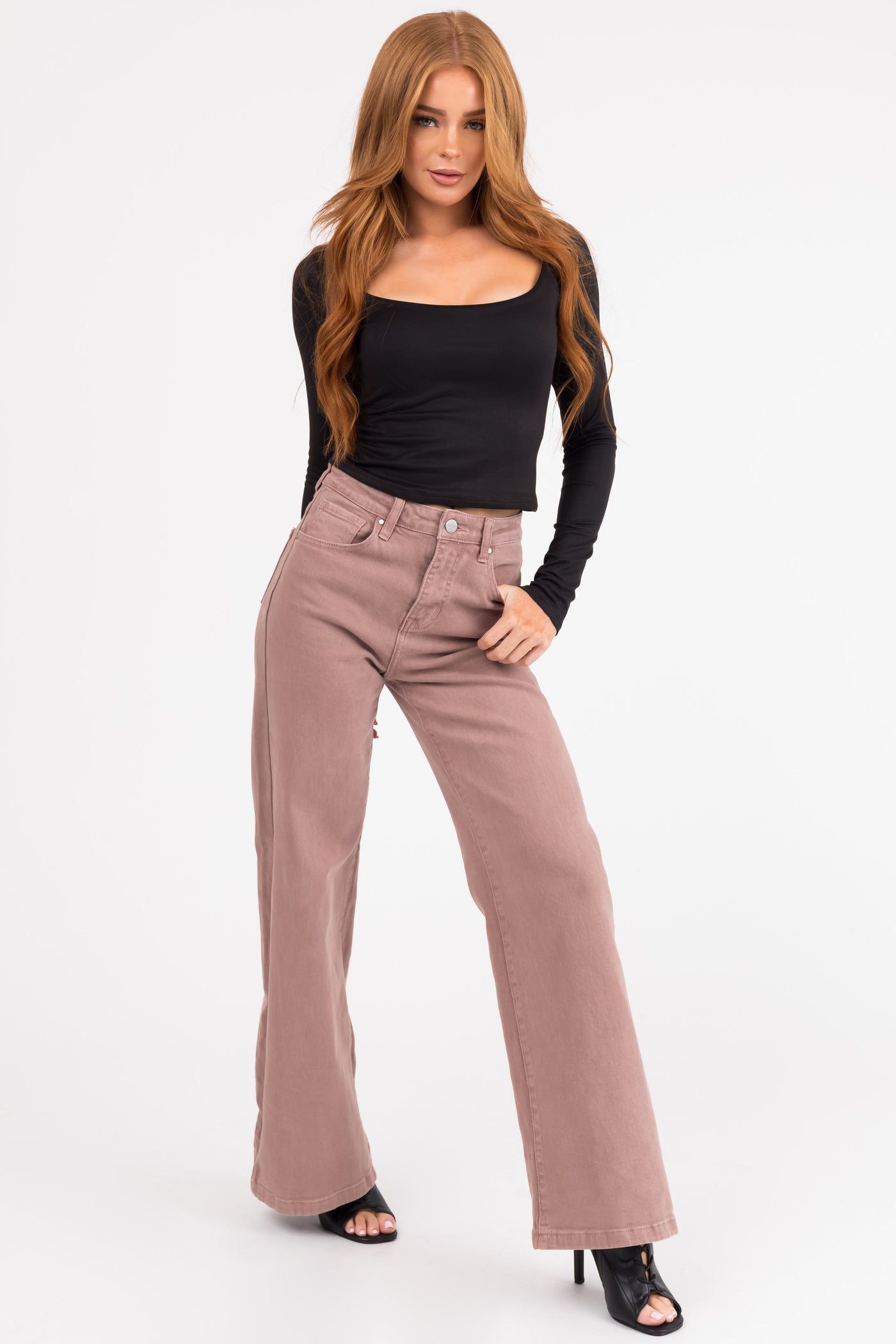 Risen Light Mauve High Rise Wide Leg Jeans