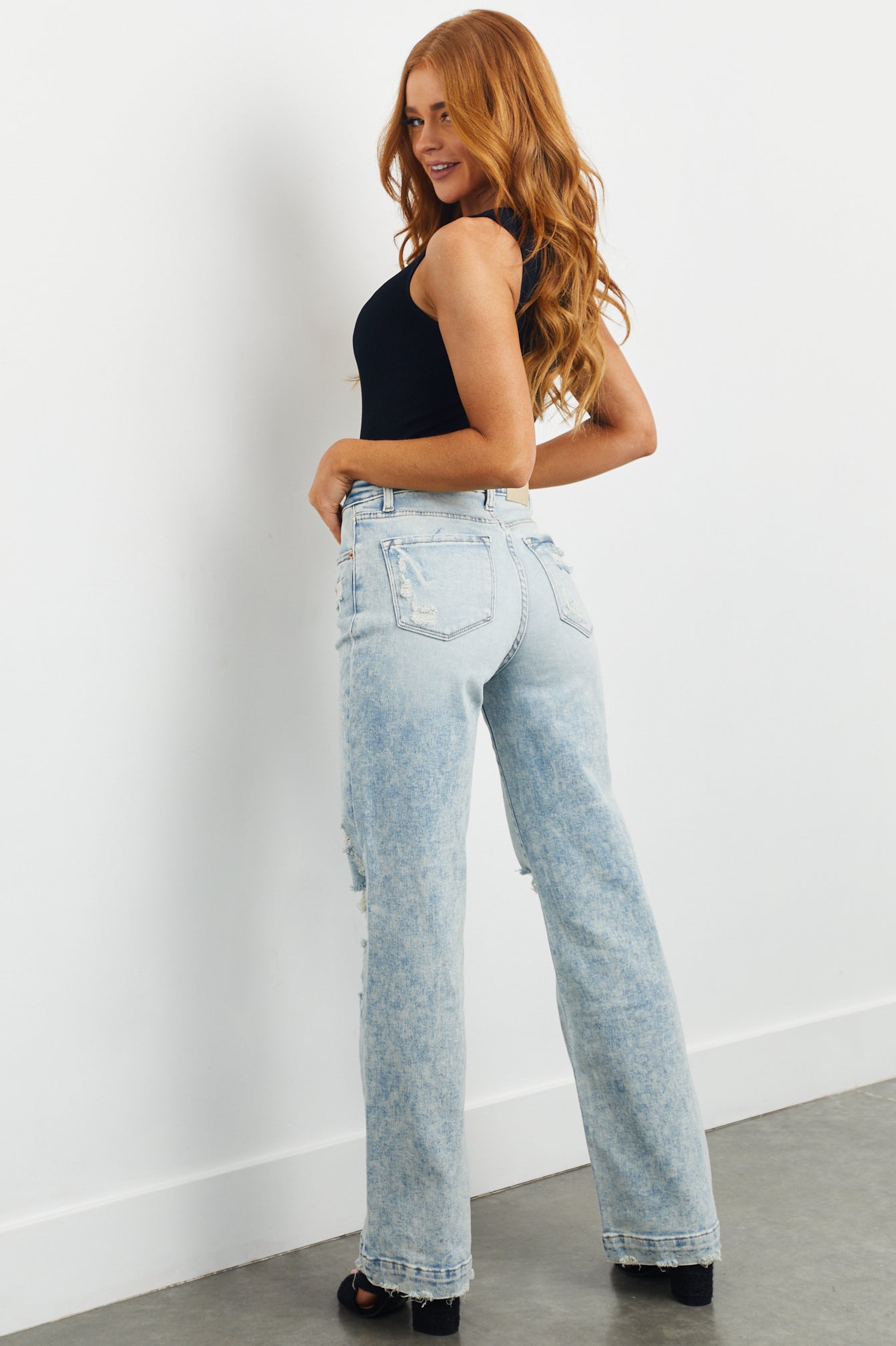 Artemis Light Mineral Wash Distressed Wide Leg Jeans