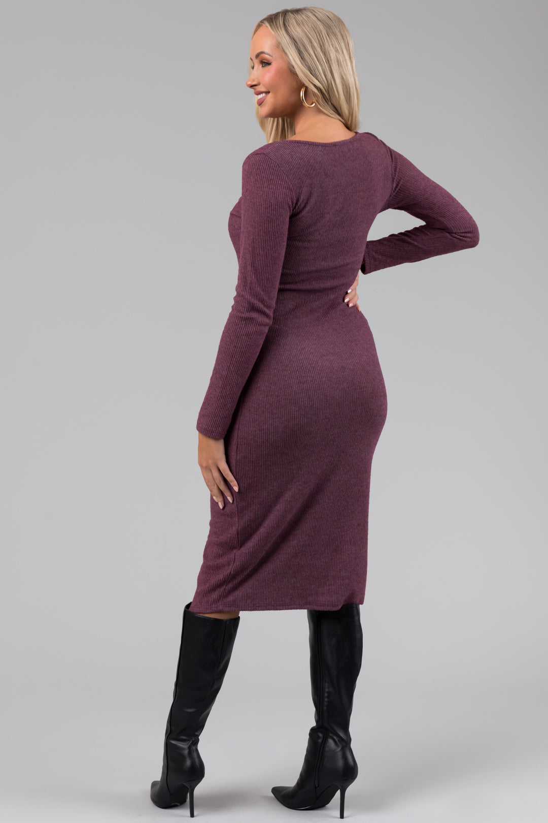 Light Plum Long Sleeve V Neck Soft Knit Midi Dress