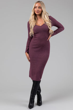 Light Plum Long Sleeve V Neck Soft Knit Midi Dress
