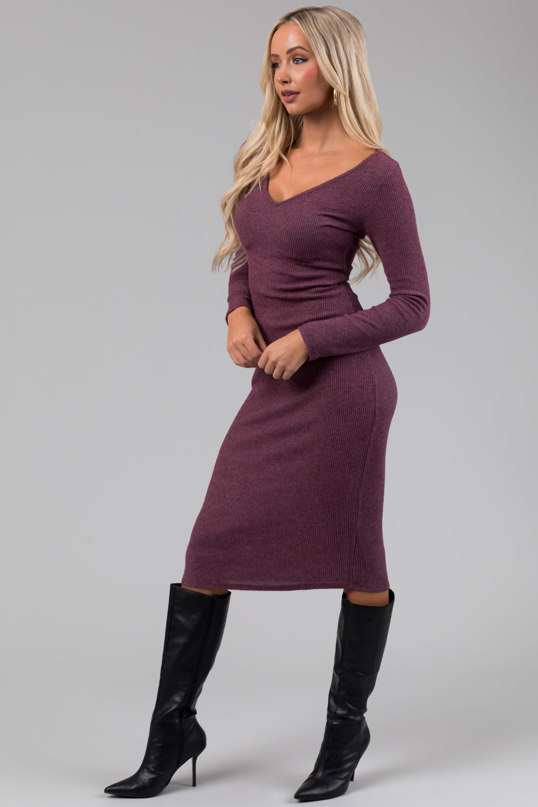 Light Plum Long Sleeve V Neck Soft Knit Midi Dress