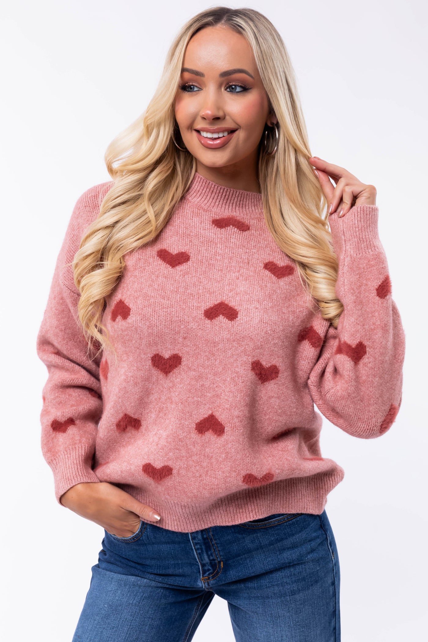 Light Punch Heart Pattern Long Sleeve Sweater