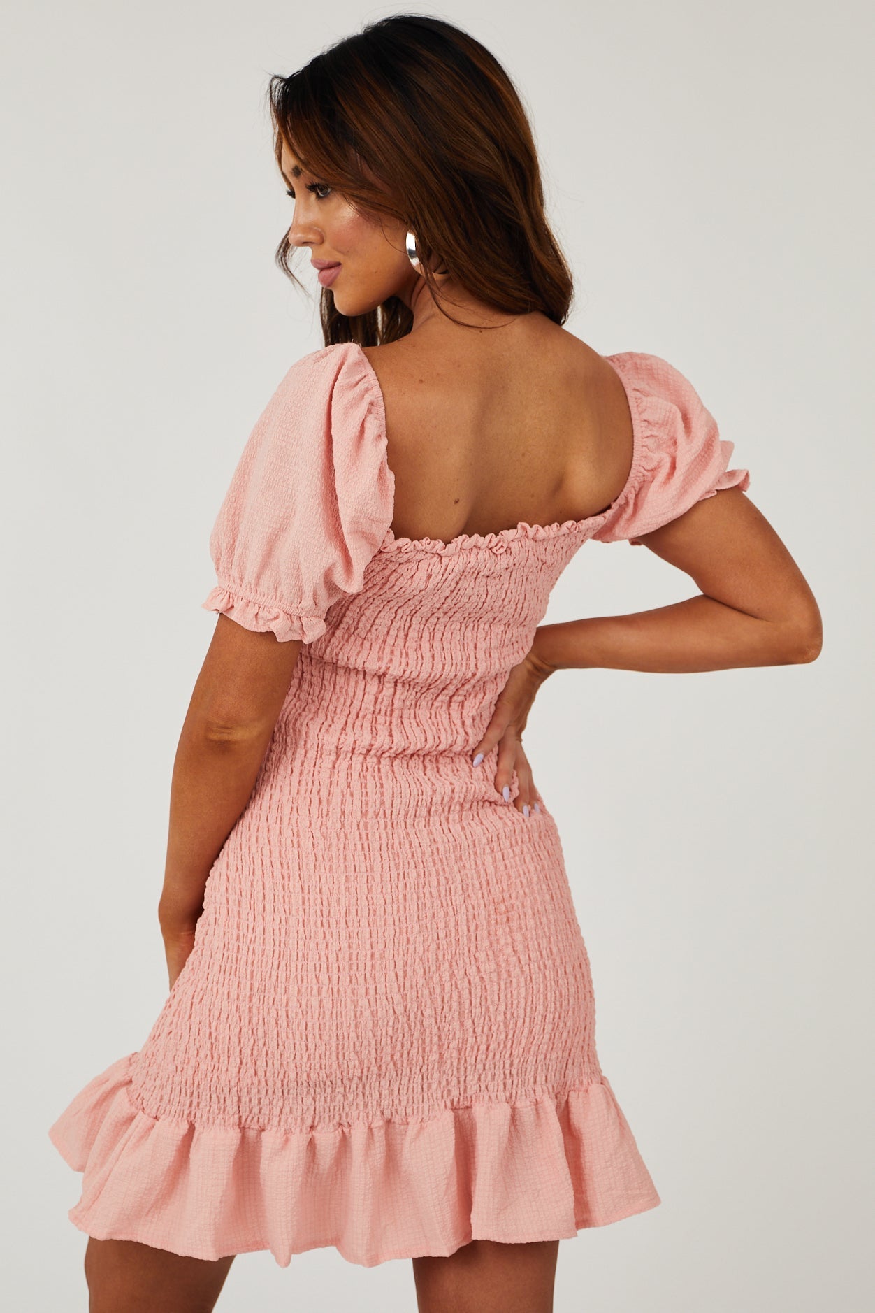 Light Punch Puff Sleeve Smocked Bodycon Mini Dress