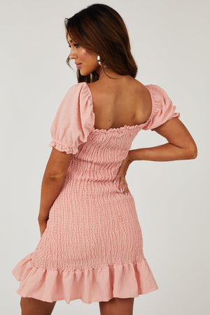 Light Punch Puff Sleeve Smocked Bodycon Mini Dress