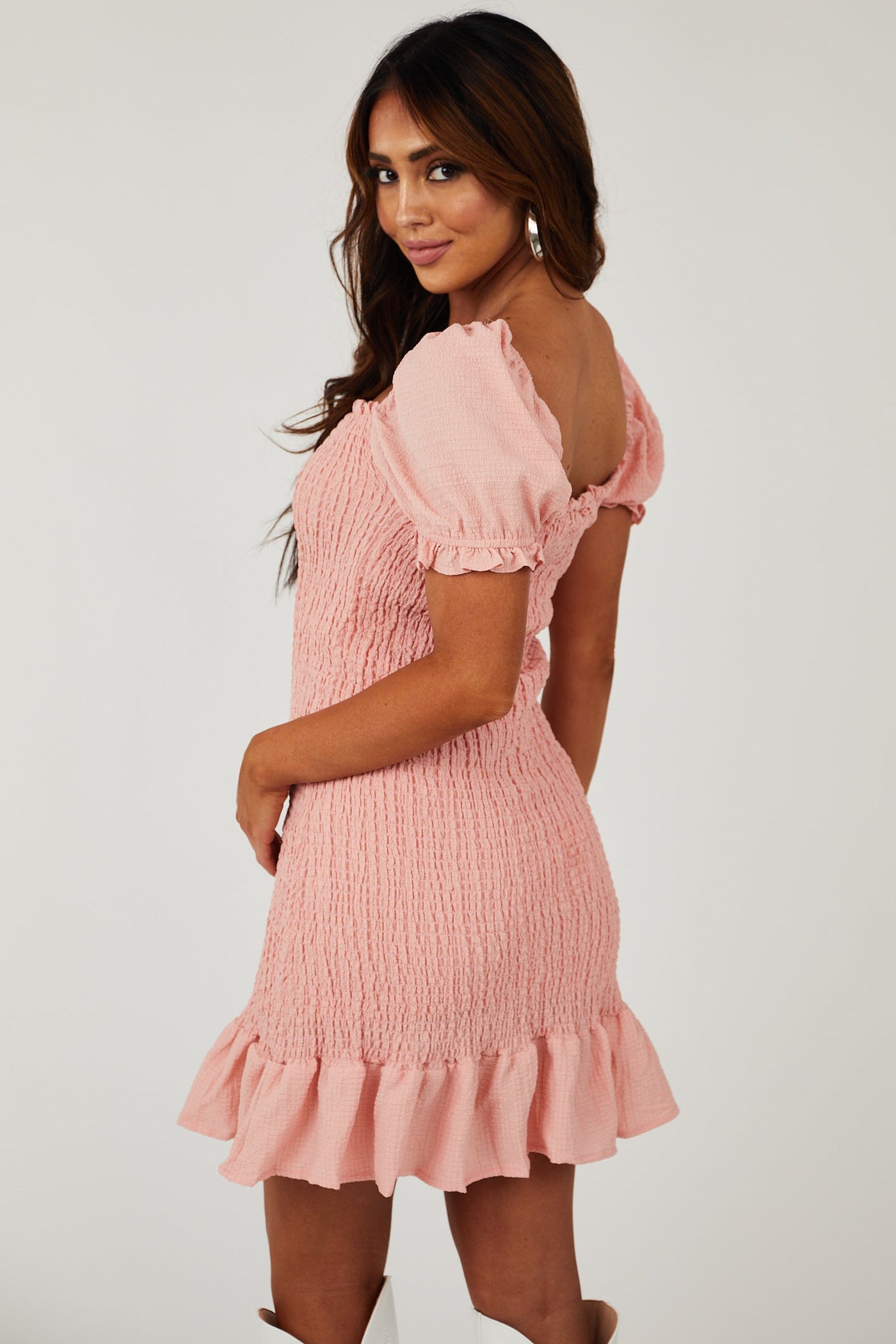 Light Punch Puff Sleeve Smocked Bodycon Mini Dress