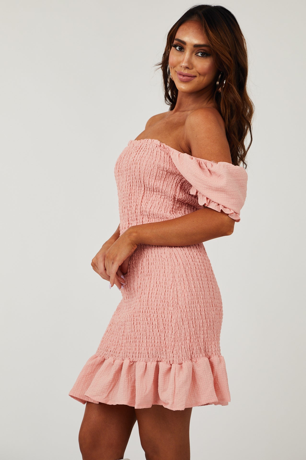 Light Punch Puff Sleeve Smocked Bodycon Mini Dress
