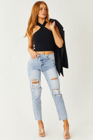 Light Wash Criss Cross Waist Distressed Mom Jeans