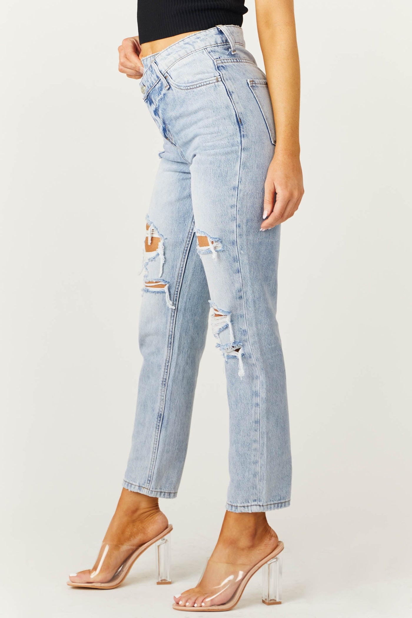 Light Wash Criss Cross Waist Distressed Mom Jeans