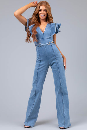 Light Wash Denim Belt Detail V Neck Jumpsuit