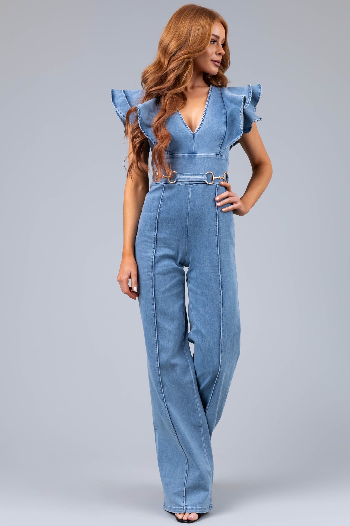 Light Wash Denim Belt Detail V Neck Jumpsuit