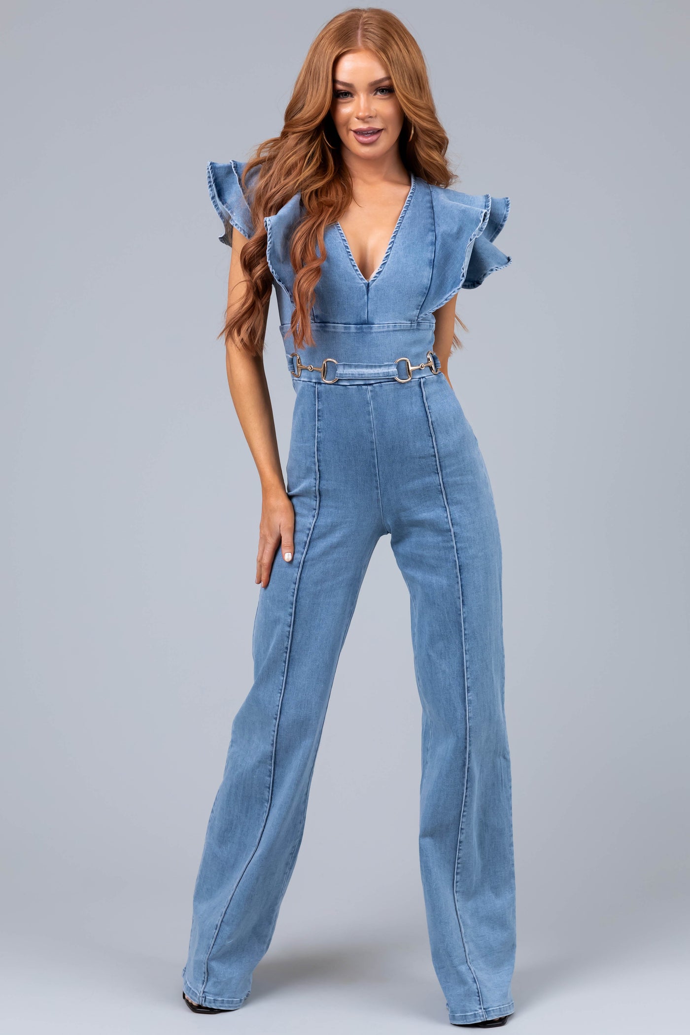 Light Wash Denim Belt Detail V Neck Jumpsuit