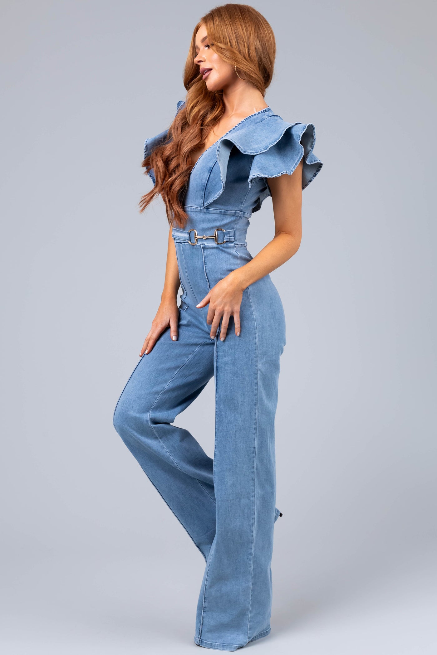 Light Wash Denim Belt Detail V Neck Jumpsuit