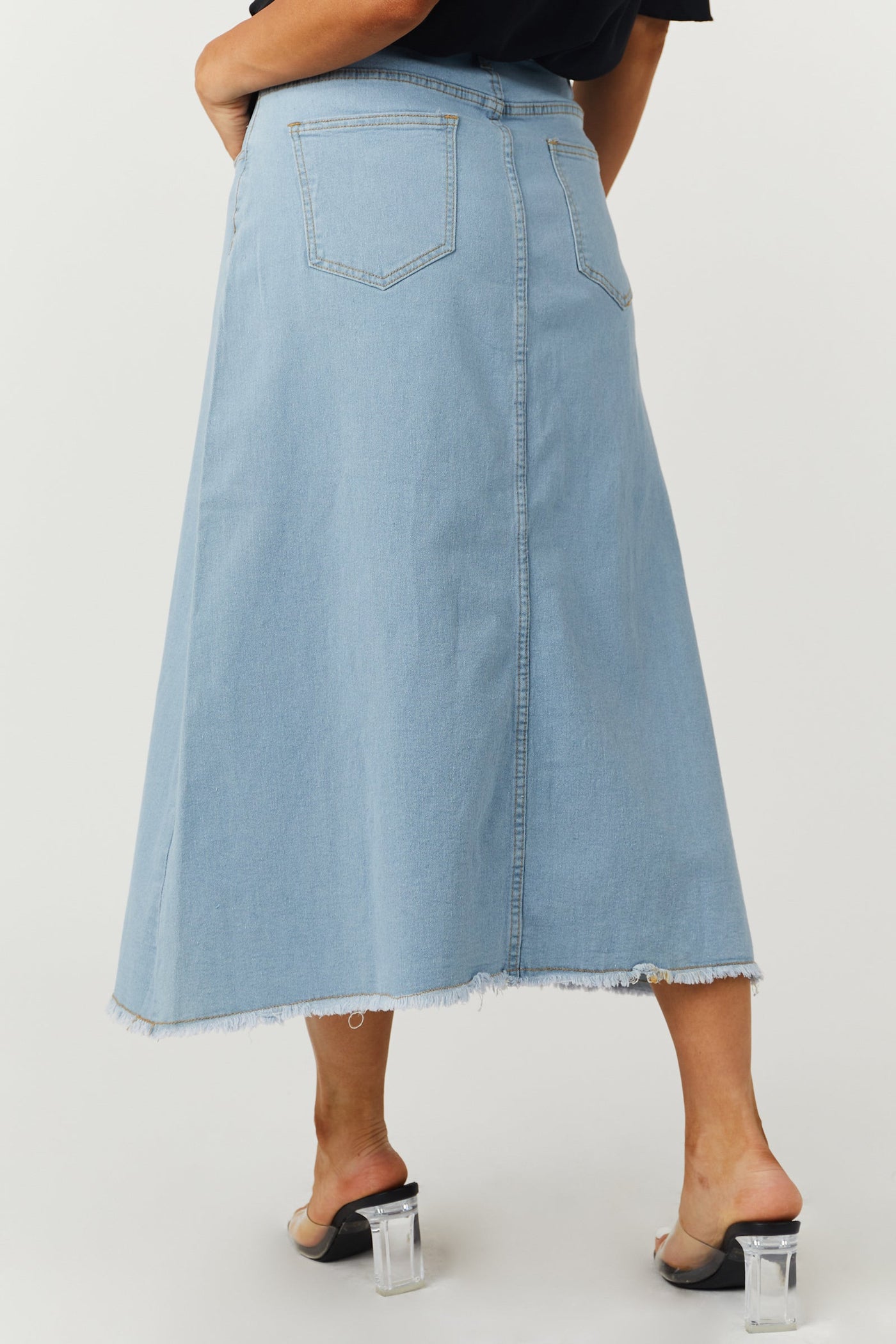 Light Wash Denim Frayed Hem Midi Skirt