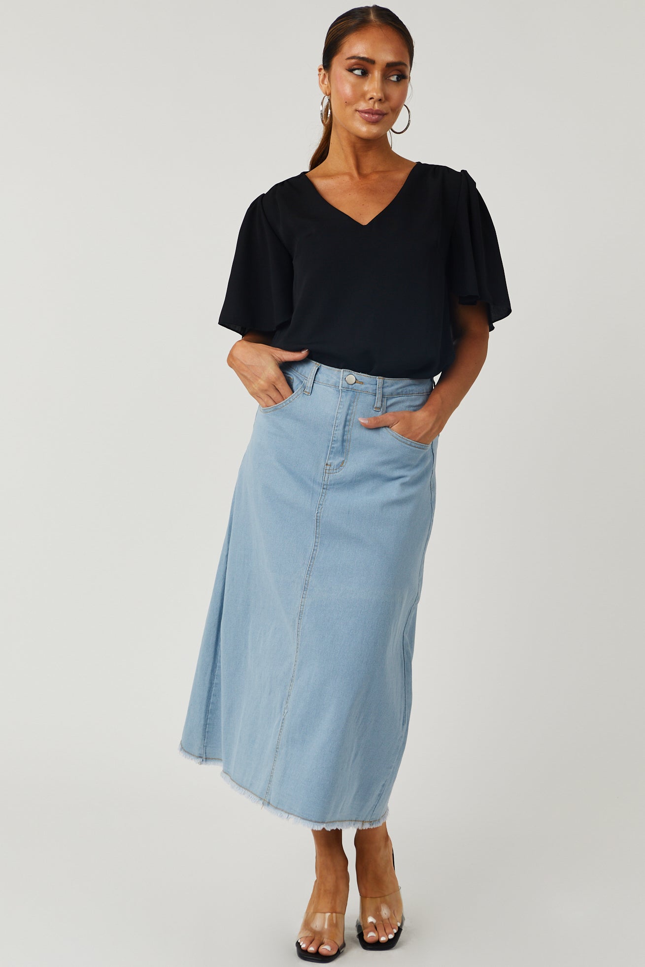 Light Wash Denim Frayed Hem Midi Skirt