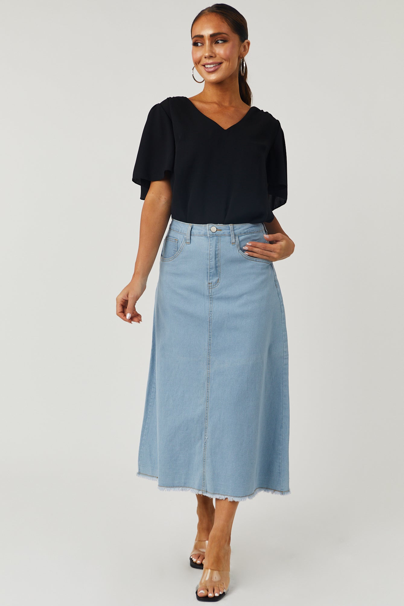 Light Wash Denim Frayed Hem Midi Skirt