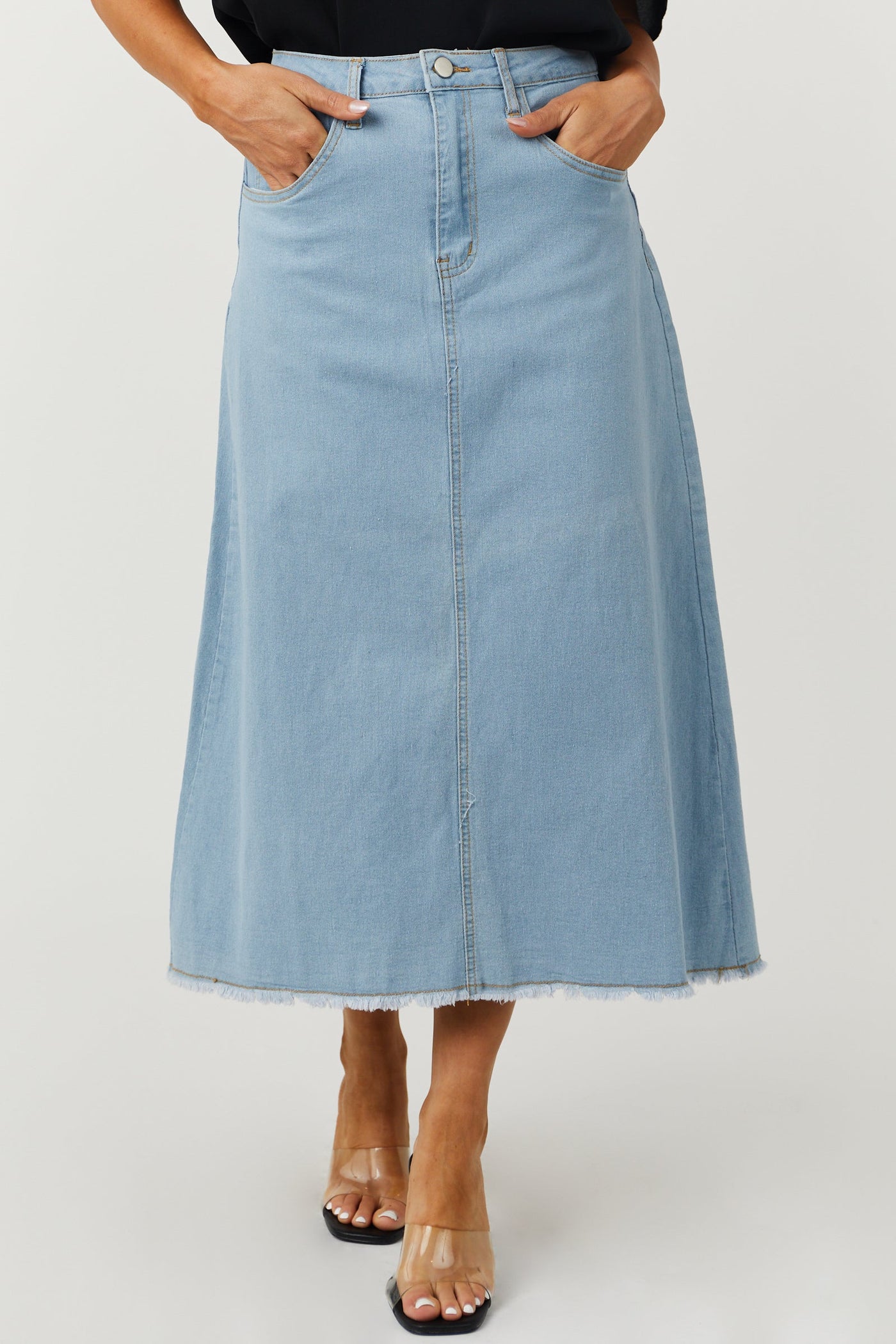 Light Wash Denim Frayed Hem Midi Skirt
