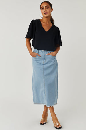 Light Wash Denim Frayed Hem Midi Skirt