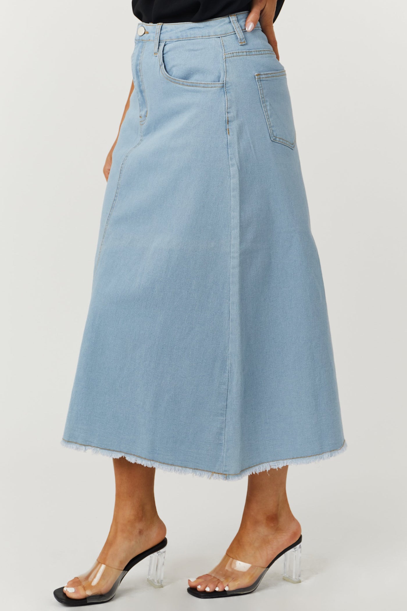 Light Wash Denim Frayed Hem Midi Skirt