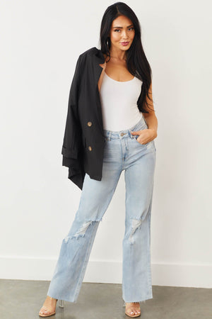 Light Wash Distressed Knee Wide Leg Jeans