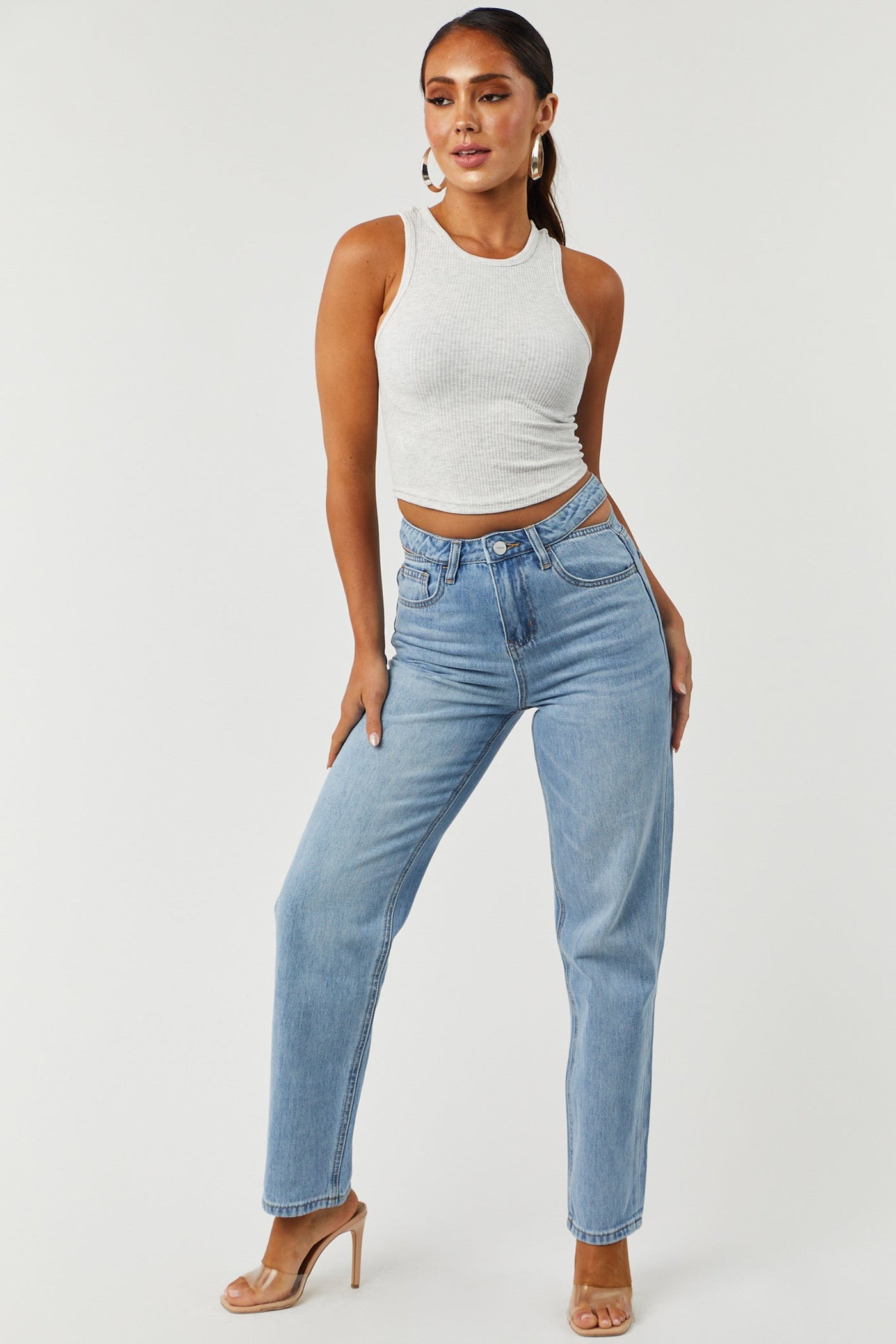 Light Wash High Rise Cut Out Waist Denim Jeans