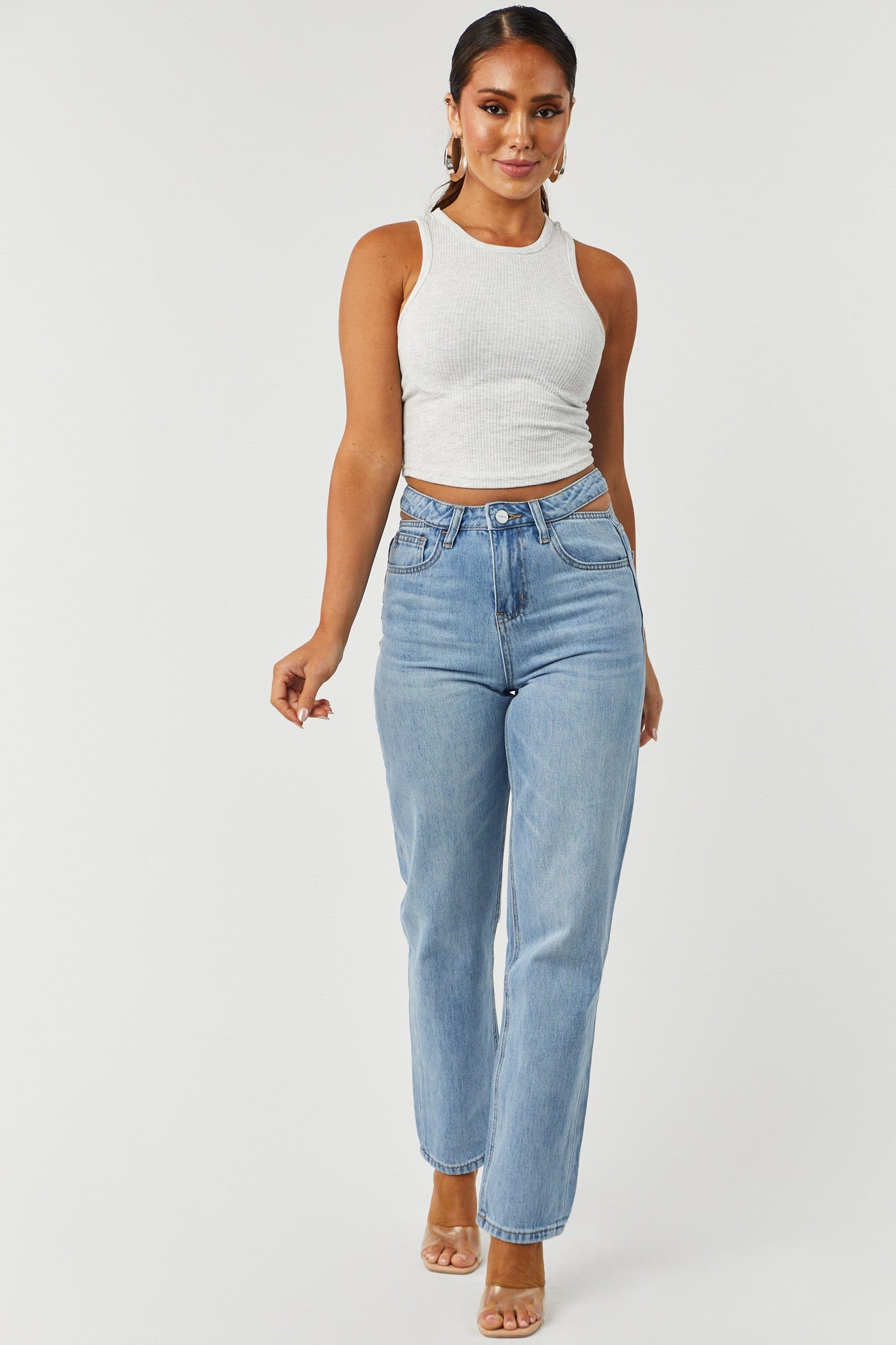 Light Wash High Rise Cut Out Waist Denim Jeans