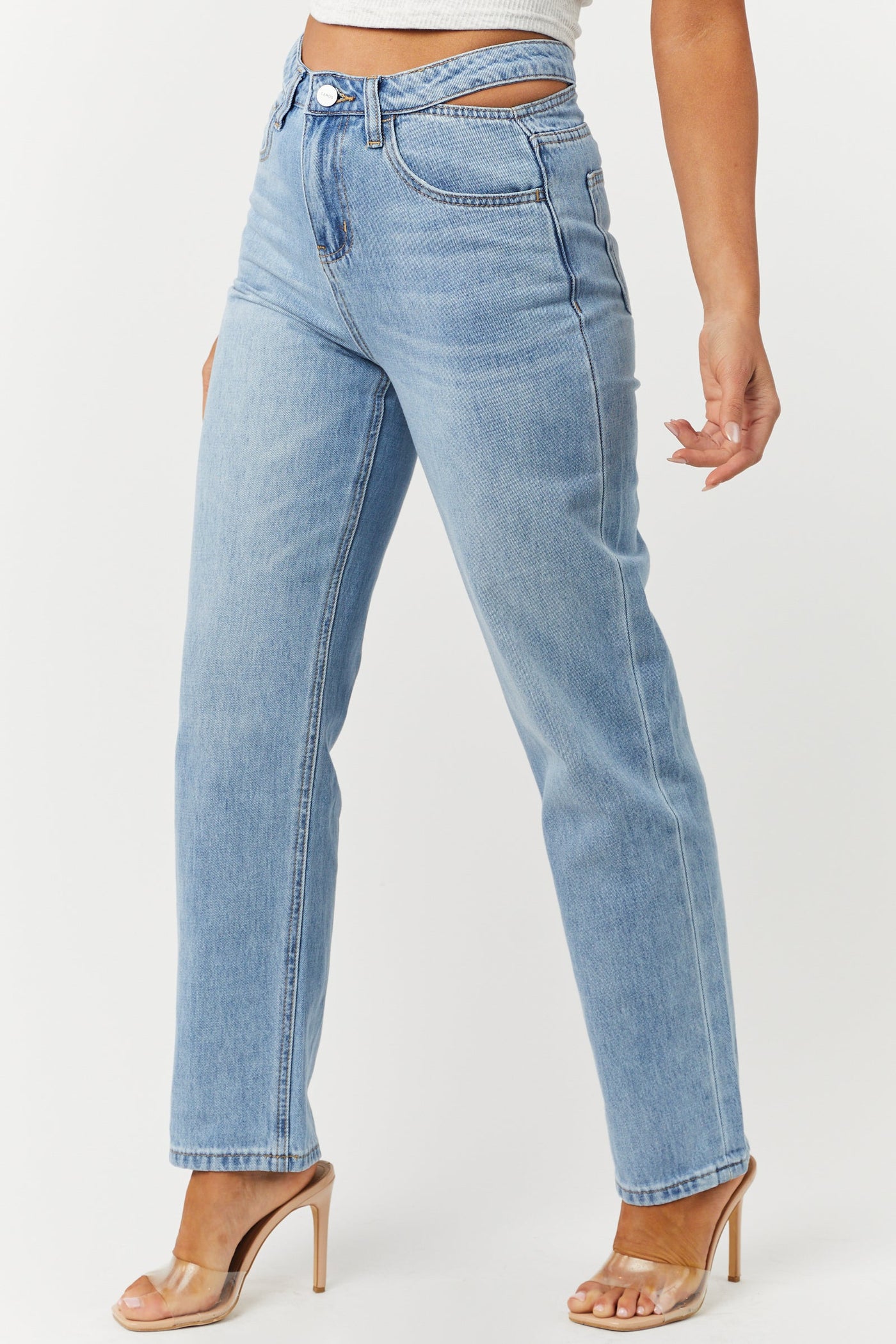 Light Wash High Rise Cut Out Waist Denim Jeans