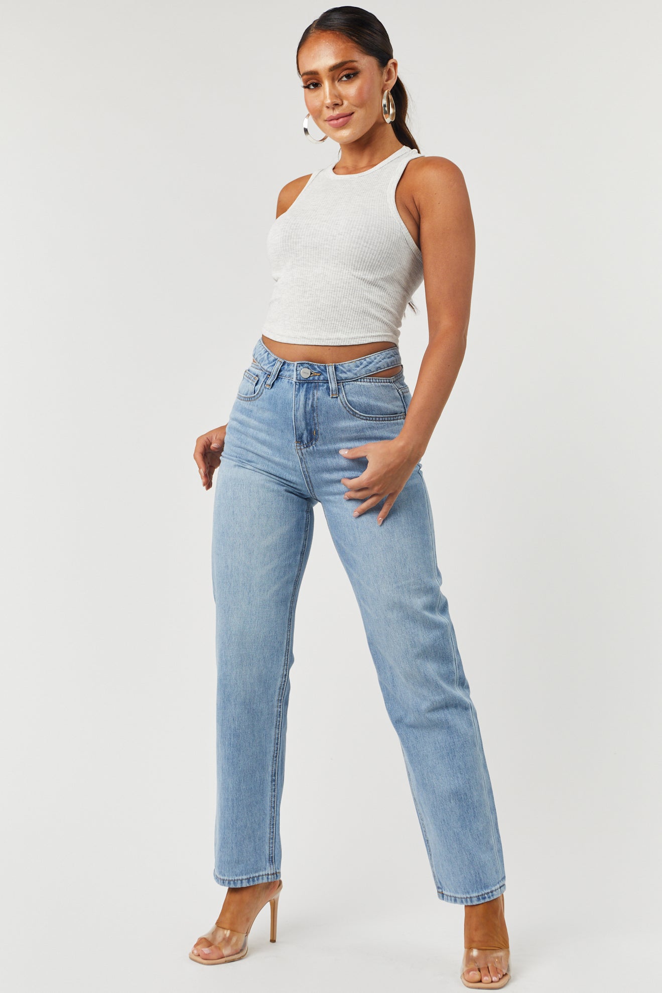 Light Wash High Rise Cut Out Waist Denim Jeans