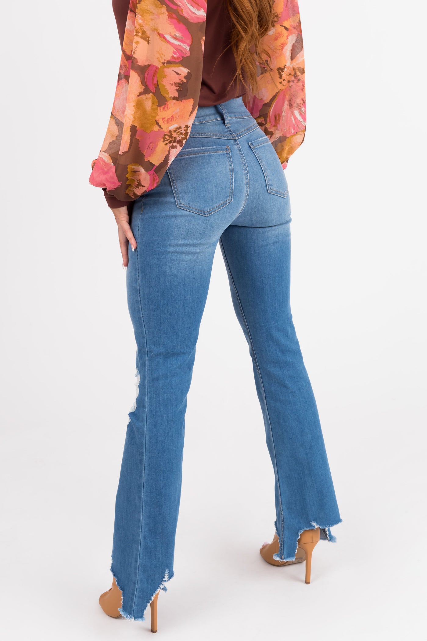 Light Wash High Rise Distress Knee Torn Hem Jeans