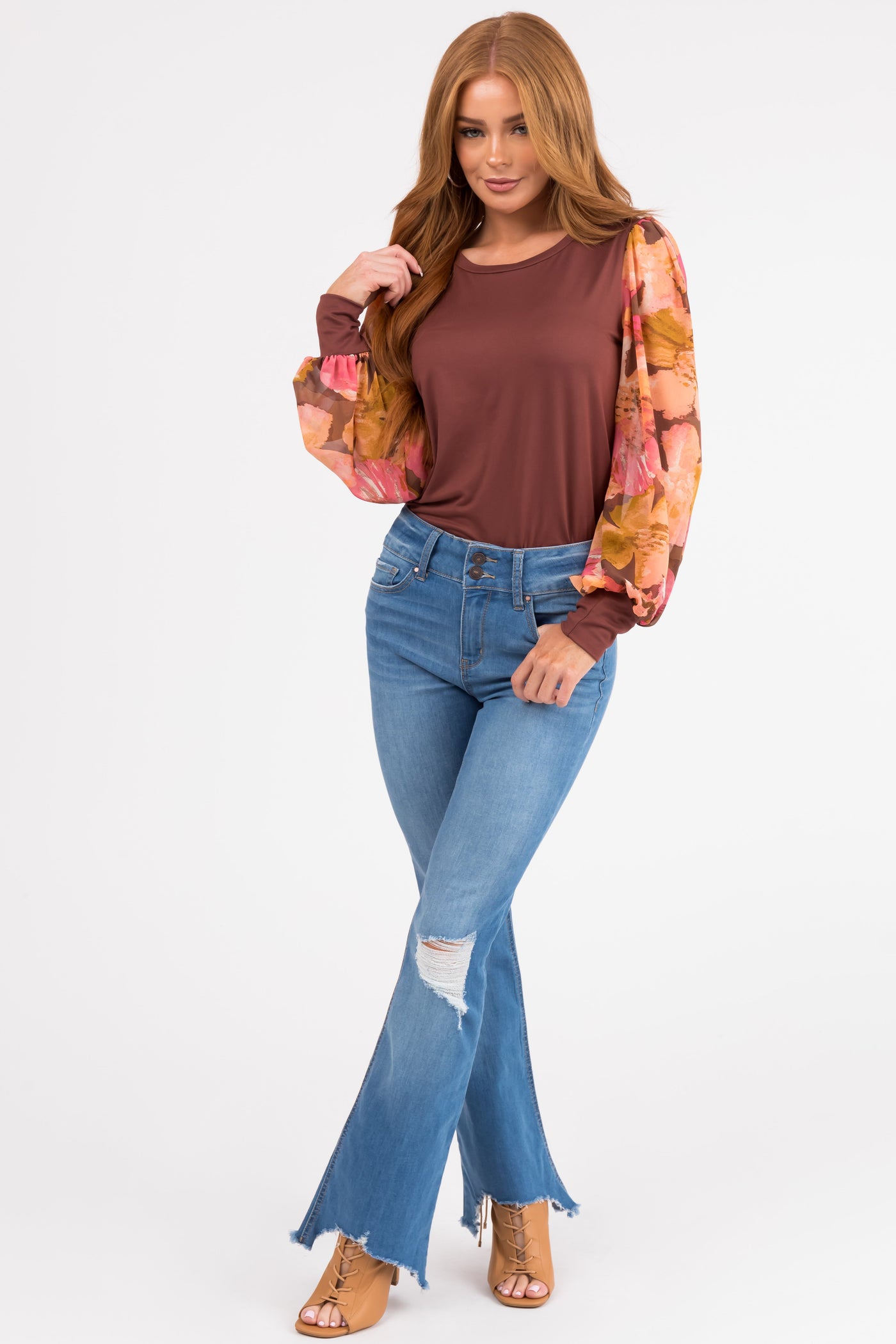 Light Wash High Rise Distress Knee Torn Hem Jeans