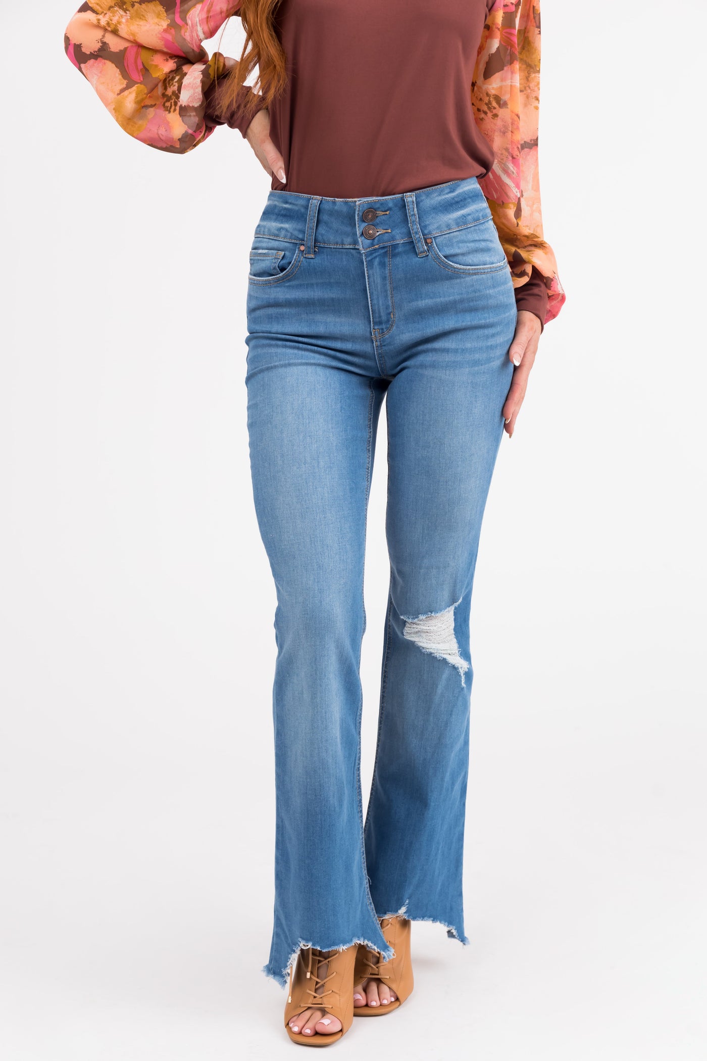 Light Wash High Rise Distress Knee Torn Hem Jeans