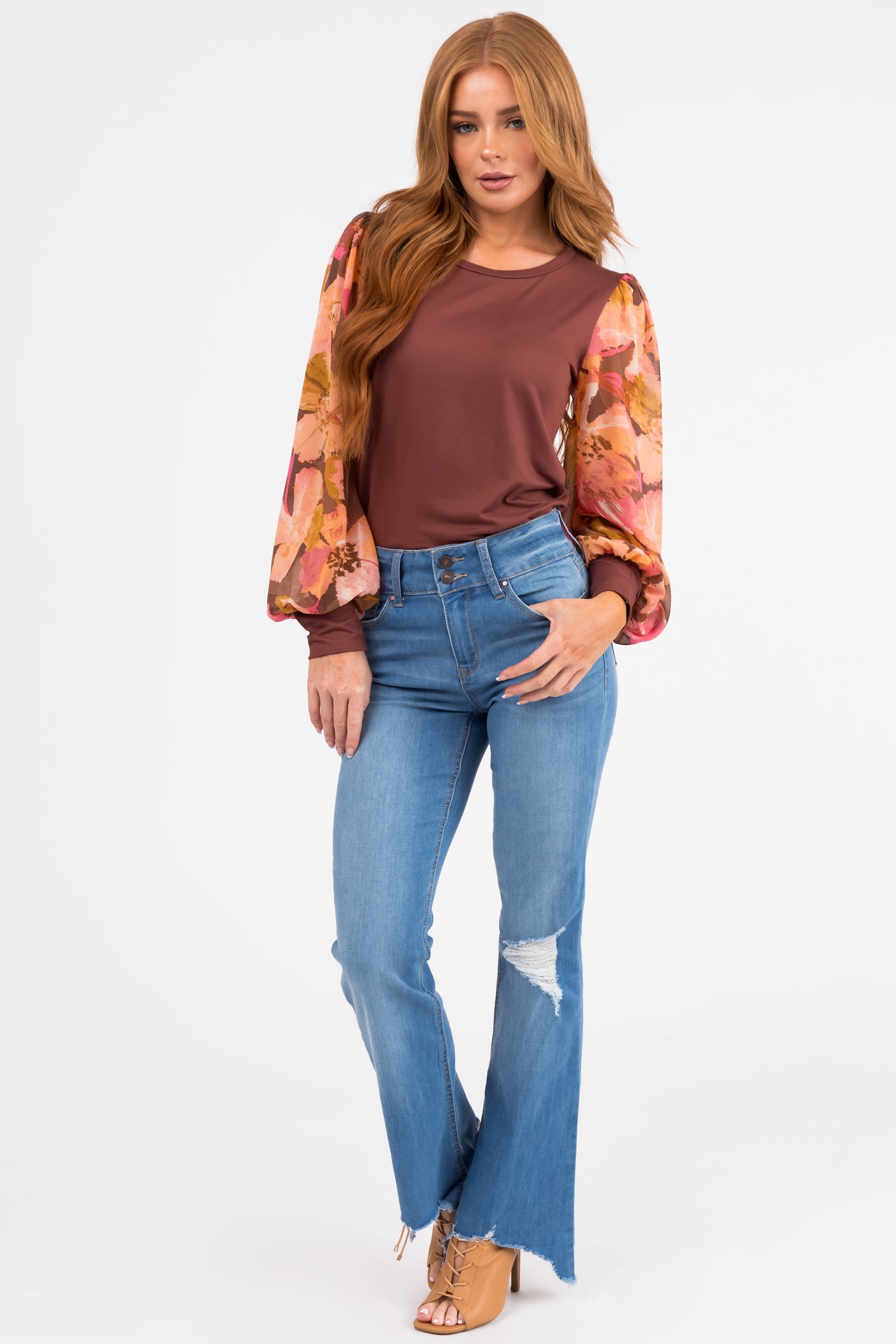 Light Wash High Rise Distress Knee Torn Hem Jeans