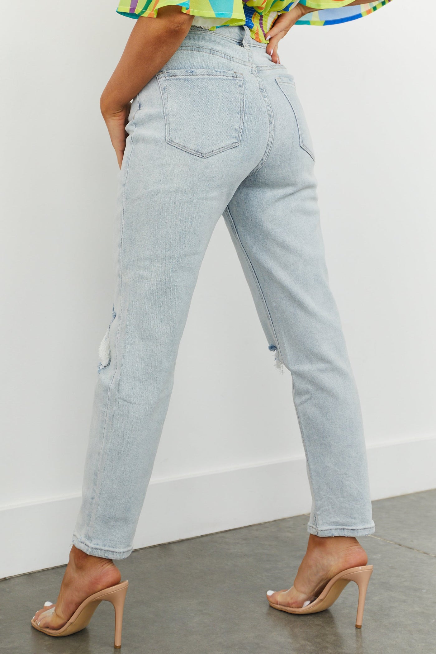 Light Wash High Rise Distressed Mom Jeans