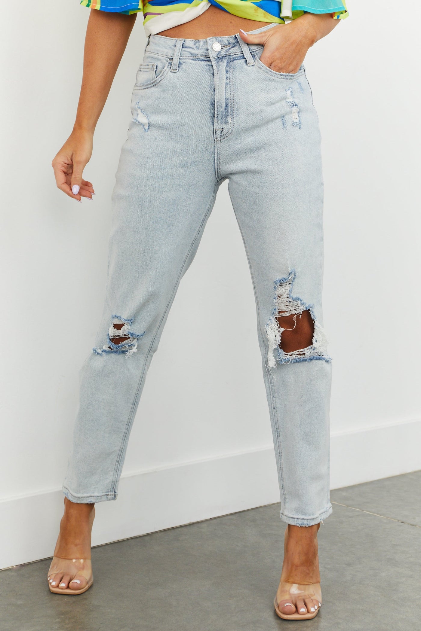 Light Wash High Rise Distressed Mom Jeans
