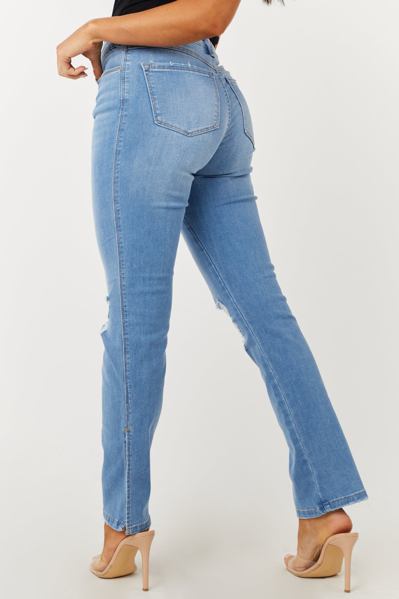 Light Wash High Rise Distressed Split Hem Jeans