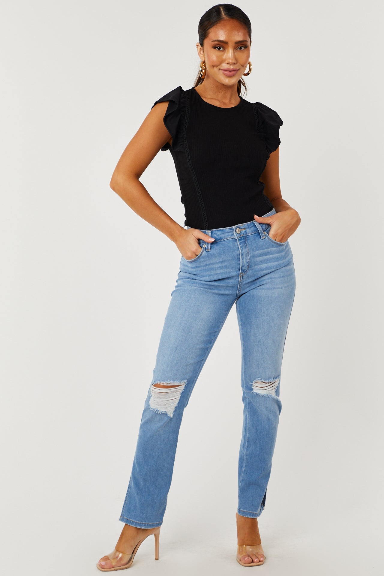 Light Wash High Rise Distressed Split Hem Jeans