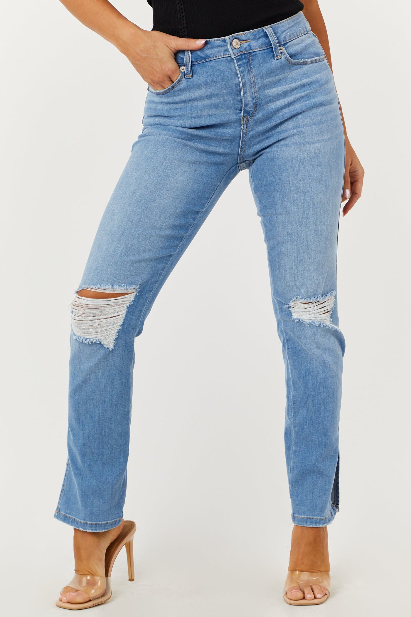 Light Wash High Rise Distressed Split Hem Jeans