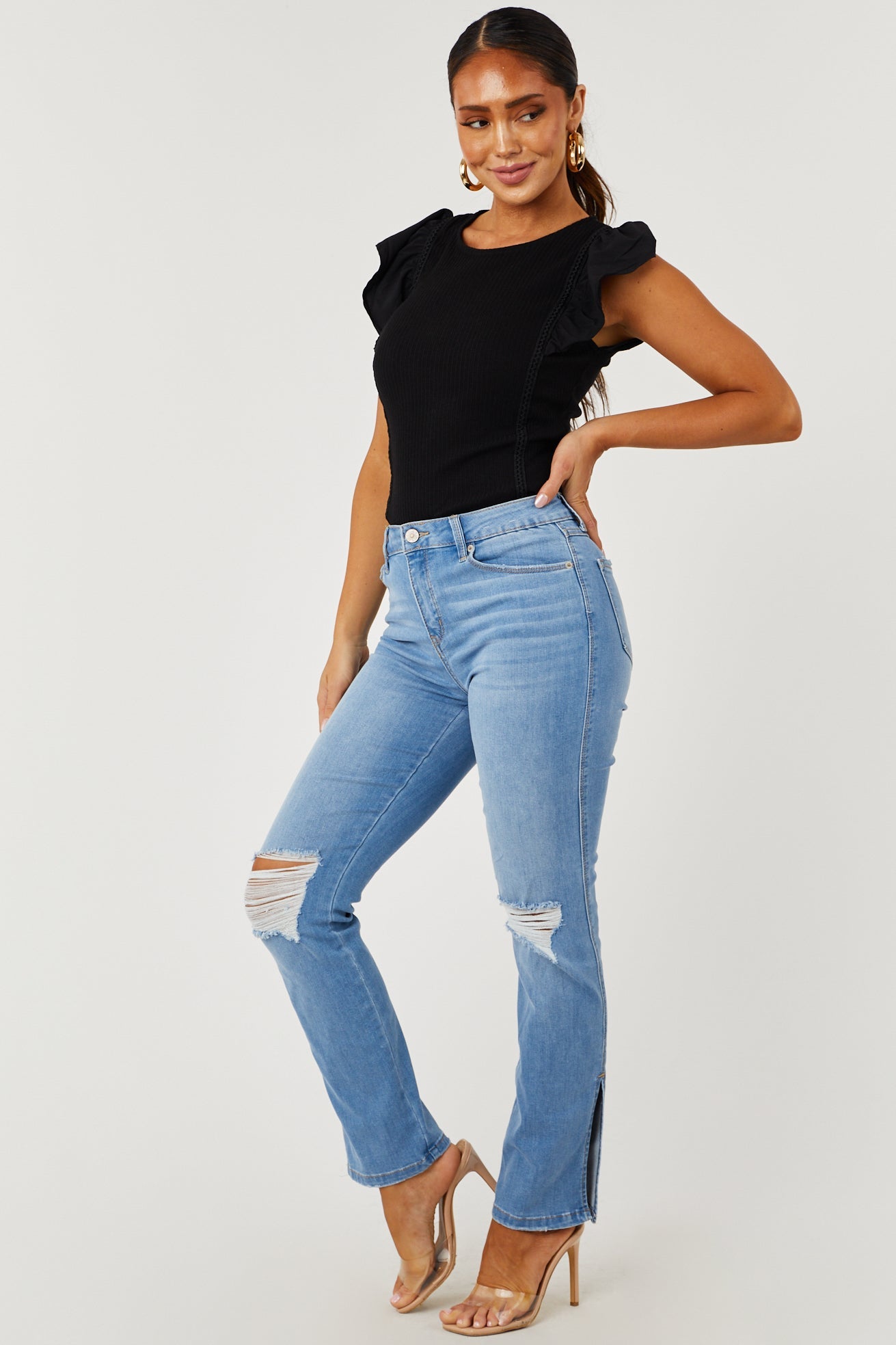 Light Wash High Rise Distressed Split Hem Jeans