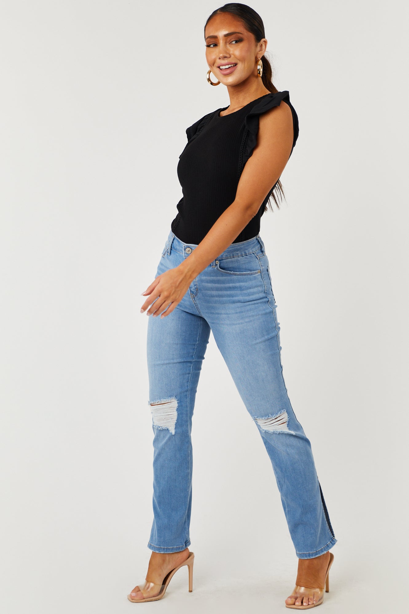 Light Wash High Rise Distressed Split Hem Jeans