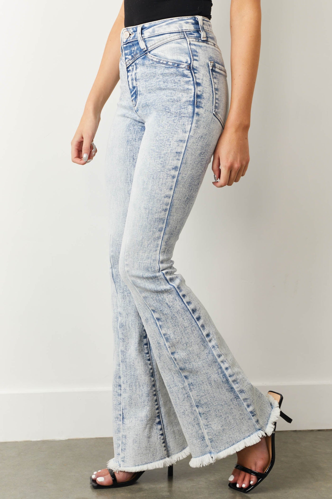 Light Wash High Rise Frayed Hem Flare Jeans