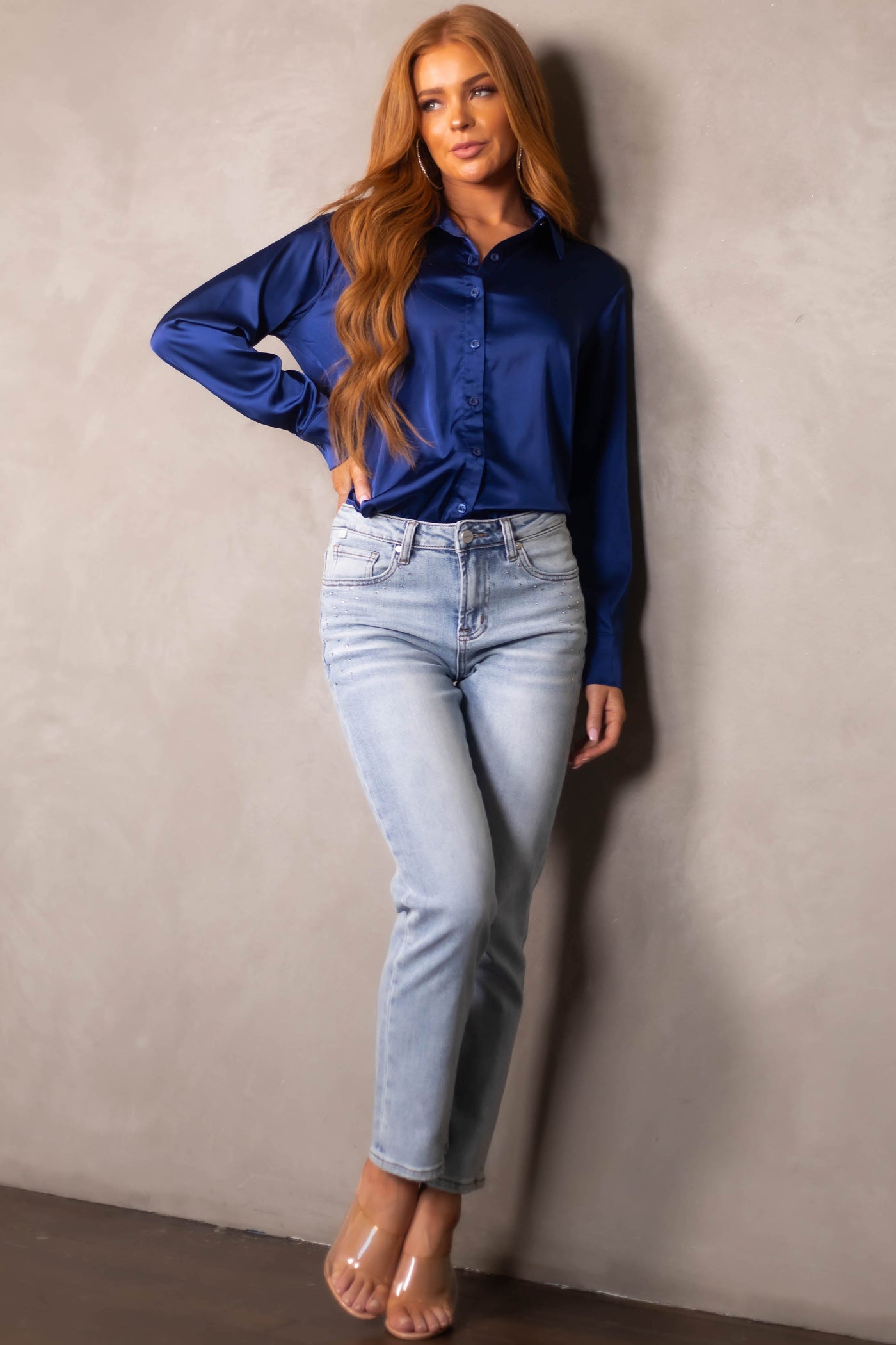 Light Wash High Rise Rhinestone Detail Ankle Jeans