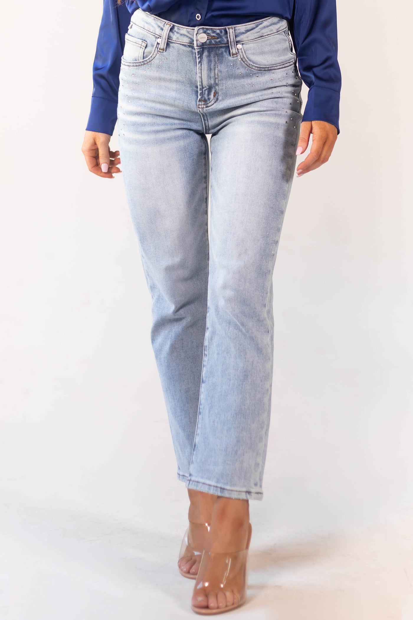 Light Wash High Rise Rhinestone Detail Ankle Jeans