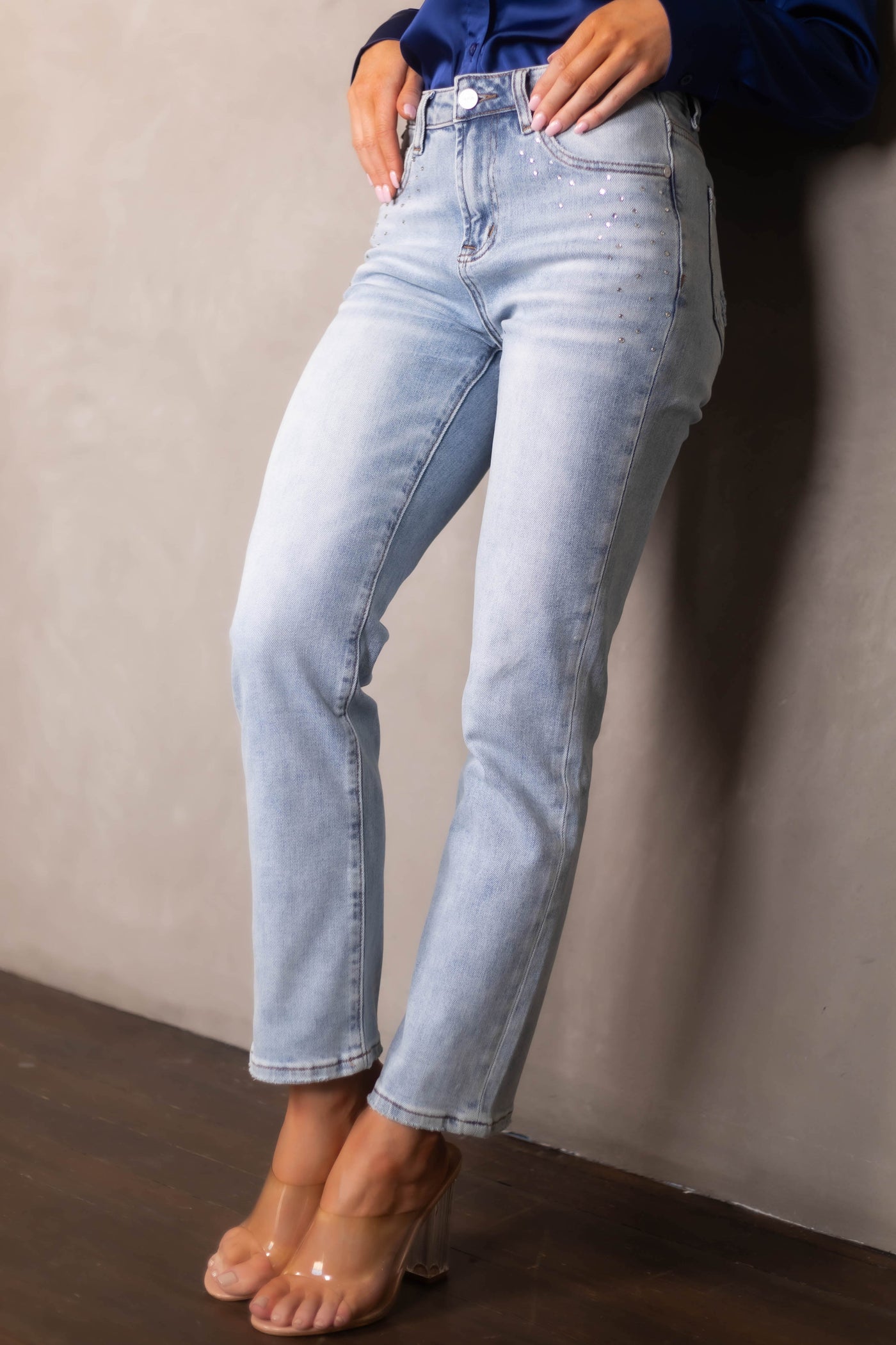 Light Wash High Rise Rhinestone Detail Ankle Jeans