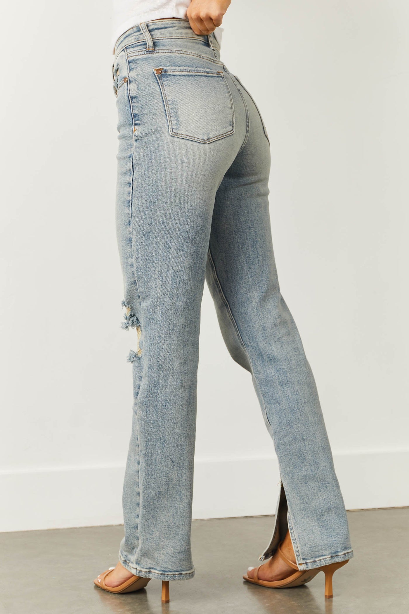 Light Wash High Rise Straight Jeans with Inseam Slit