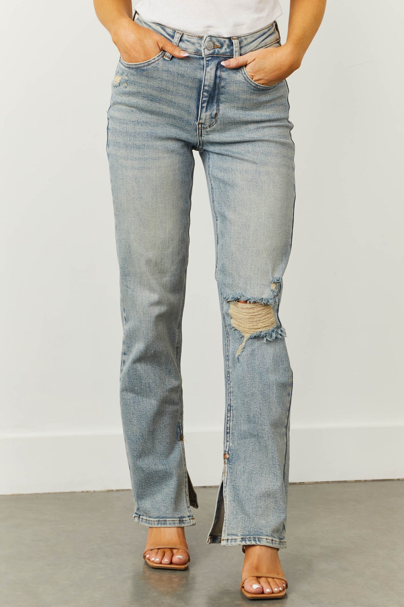 Light Wash High Rise Straight Jeans with Inseam Slit