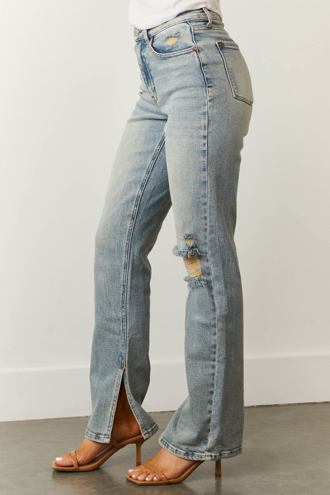 Light Wash High Rise Straight Jeans with Inseam Slit