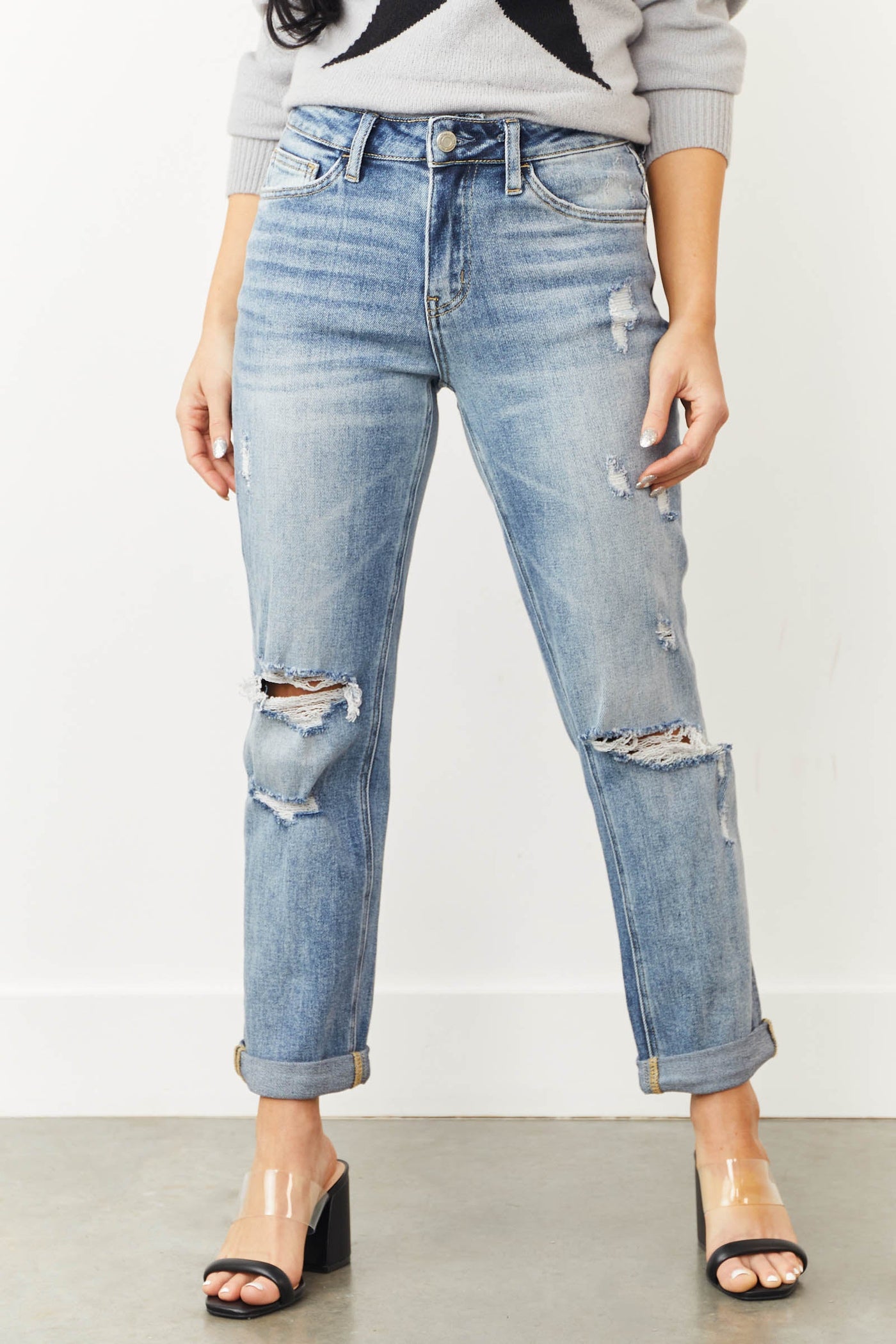 Light Wash High Rise Torn Boyfriend Fit Jeans