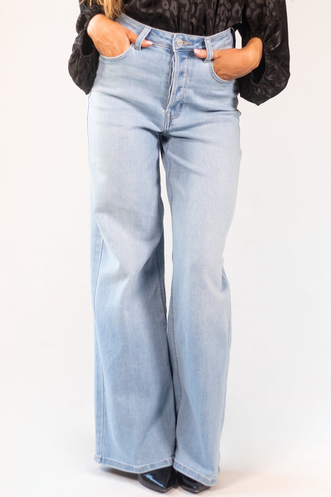 Light Wash High Rise Zipper Fly Wide Leg Jeans