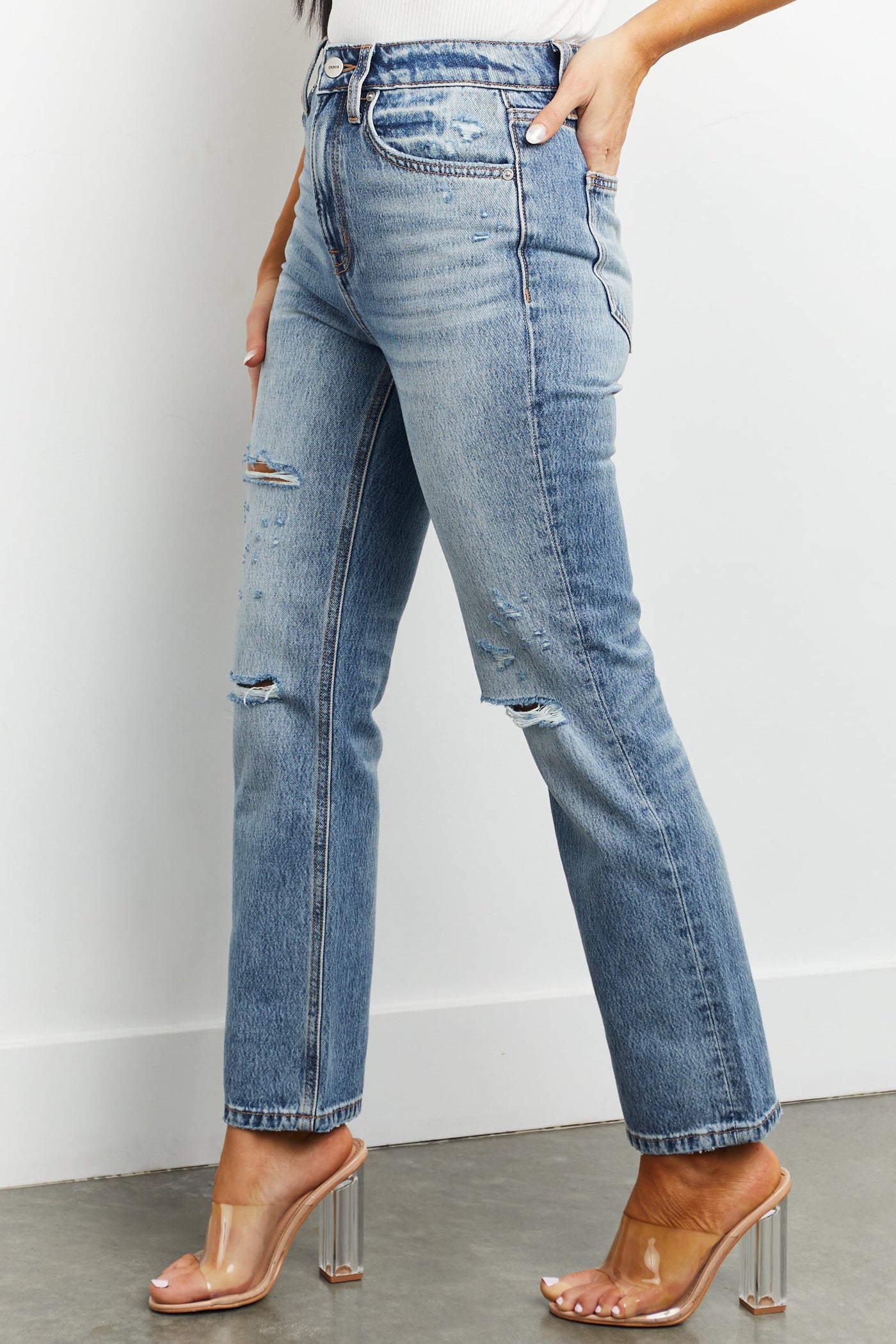 Light Wash Lightly Distressed Straight Leg Jeans