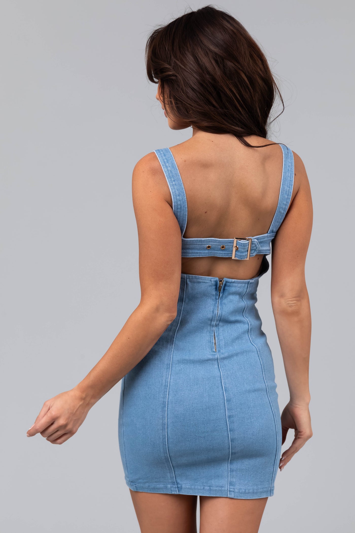 Light Wash Sleeveless Cut Out Back Mini Dress